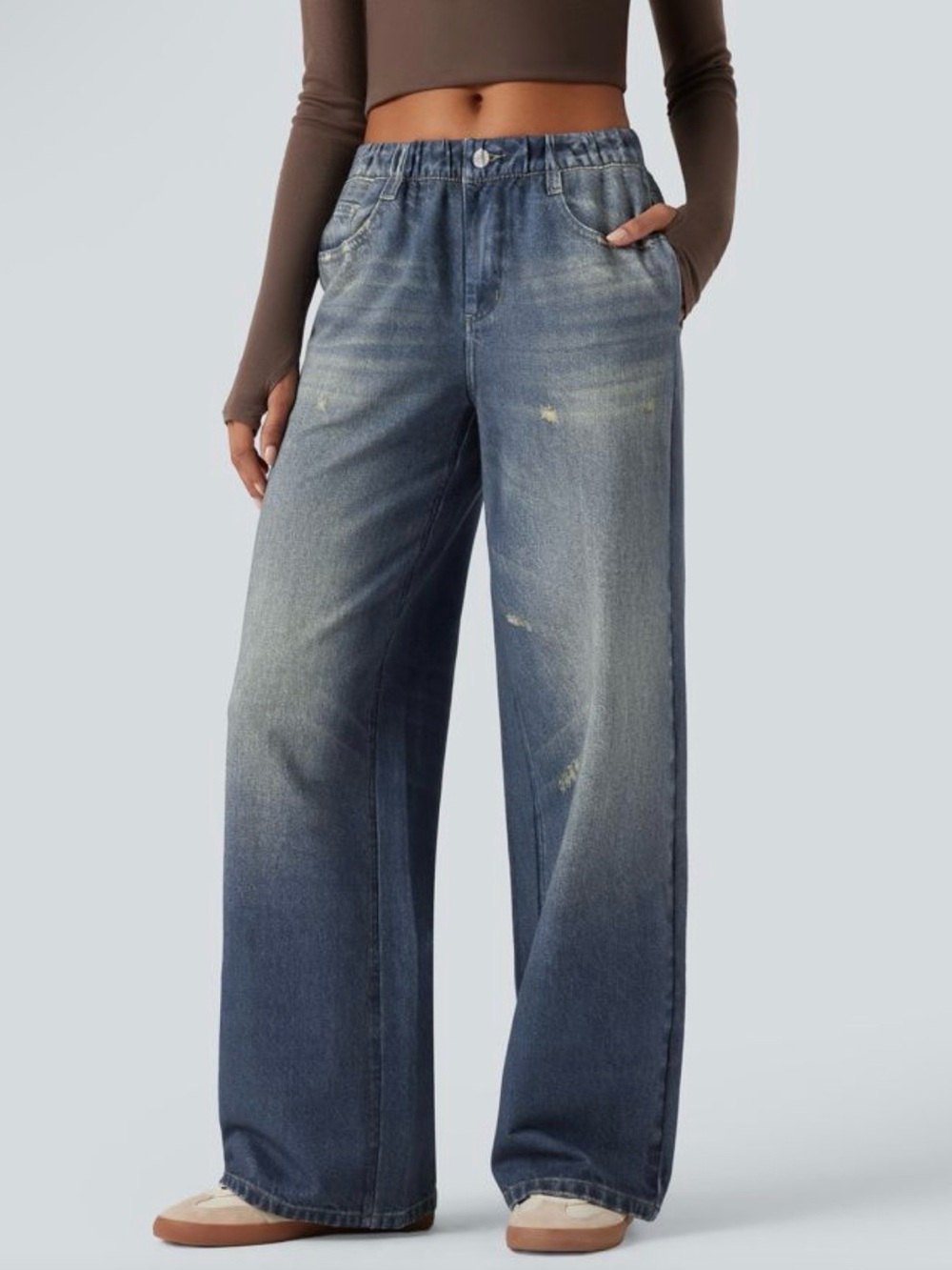 HALARA Mid Rise Denim French Terry Wide Leg Sweatpants $70